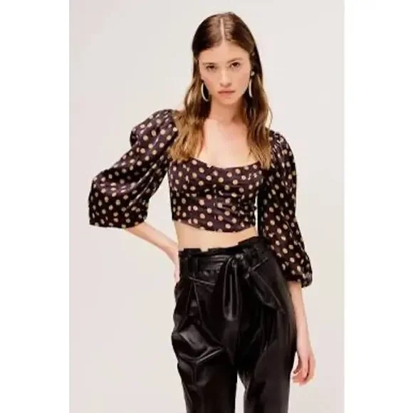 For Love & Lemons Lark Polka Dot Blouse Black Brown L NWT Sold Out - Picture 6 of 10